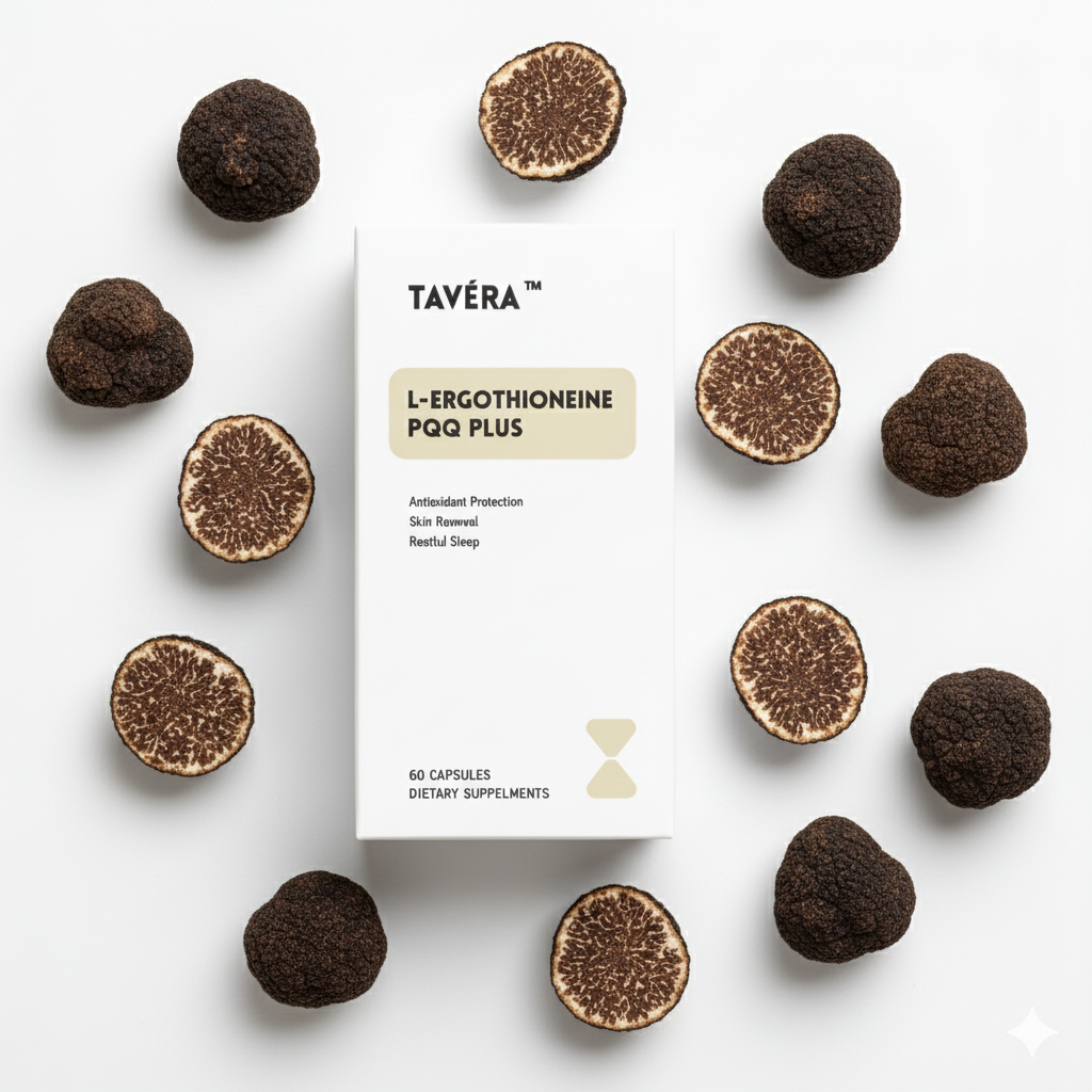 TAVÉRA 5 in 1 EGT Capsules – EGT 30mg + PQQ 4mg + Ester-C 300mg with Black Truffle Extract & Salmon DNA Protein