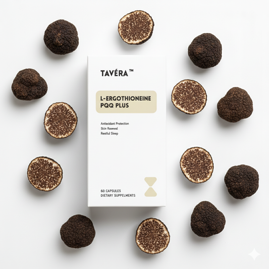 TAVÉRA 5 in 1 EGT Capsules – EGT 30mg + PQQ 4mg + Ester-C 300mg with Black Truffle Extract & Salmon DNA Protein